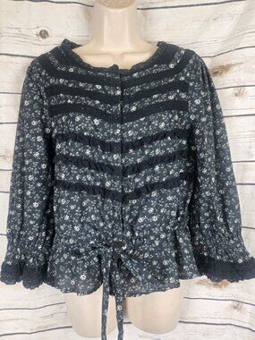 Sundance Black Ditsy Floral Alaina Top S Crochet Boho Cottagecore Cotton Cropped